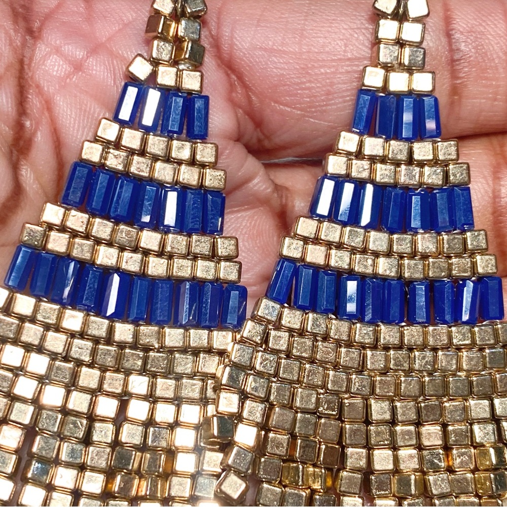 New Iridescent Navy Blue & Metallic Gold Beaded Fringe Earrings, Boho Style - Picture 11 of 14